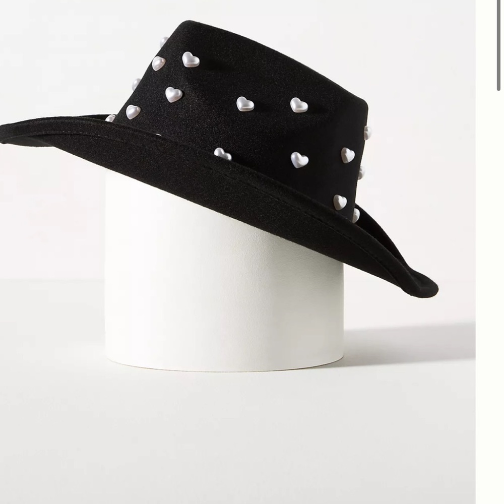 Anthropologie Heart Pearls Rancher Hat Beaded Crown Wool Felt Black - Picture 3 of 8